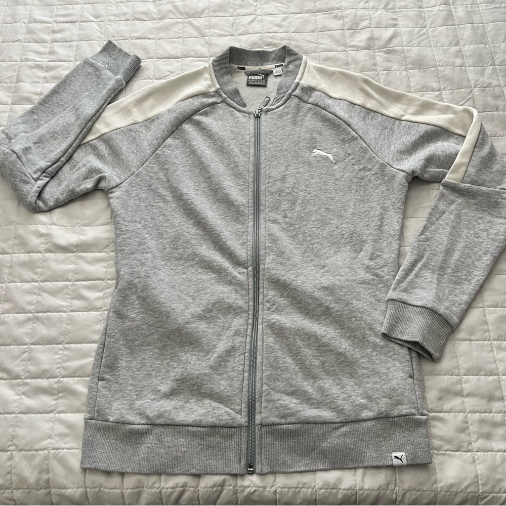 Puma Full Zip Track Jacket French Terry Light Grey And White Woman’s Sz M
